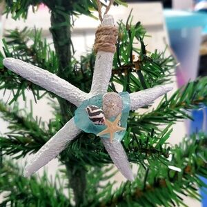 Handmade White Starfish Ornament with Turquoise Seaglass & Shell Decorations